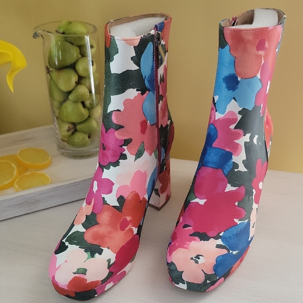 Colorful Floral Ankle Booties Chunky Heel - Picture 5 of 10